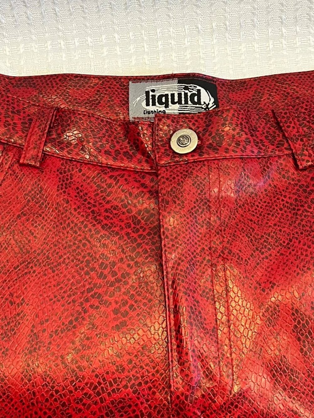 Vintage 90's / Y2K Liquid Clothing Red Faux Snakeskin Flare Pants size 9 - Picture 6 of 6